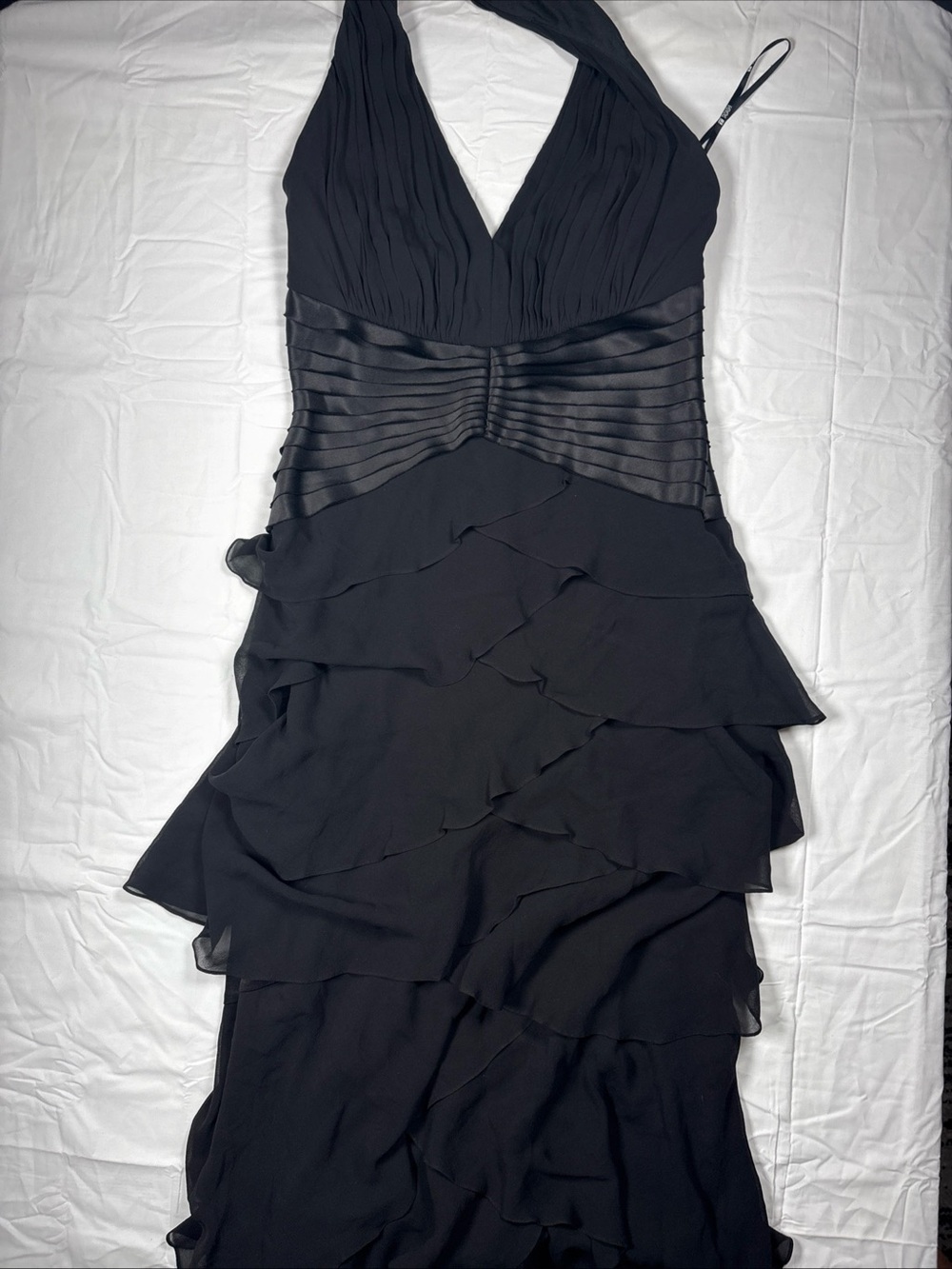 Tadashi Shoji Black Halter Ruffled Evening Gown